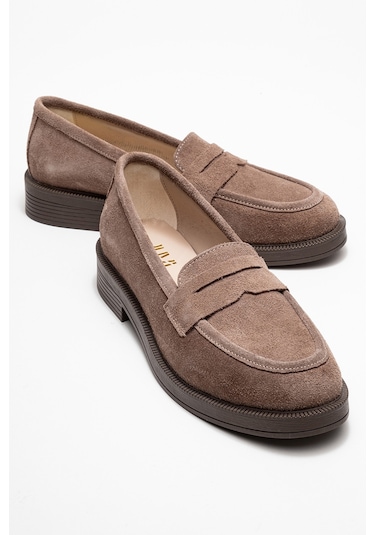 Pline Vizon Süet Hakiki Deri Kadın Loafer Ayakkabı Vizon