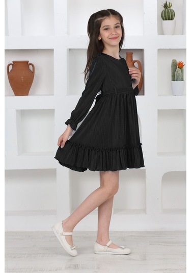 Kız Çocuk Örme Saten Çanta Detaylı Pliseli Astarlı Elbise Siyah