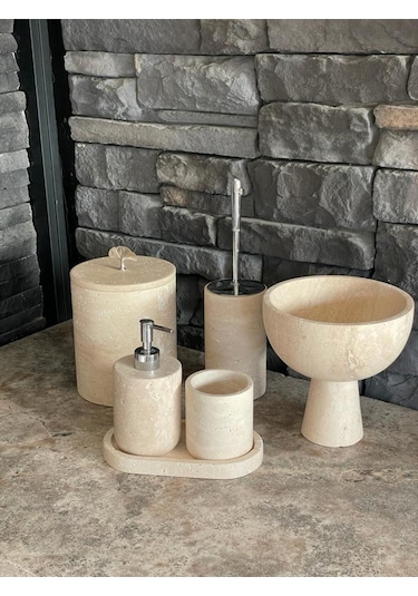 Yeni Model Traverten 6'lıbanyo Seti Ayaklı Kase Havluluklu Takım Beyaz