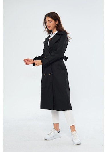 %100 Pamuk Ekstra Uzun 120cm Kruvaze Kadın Trençkot 1121 Siyah