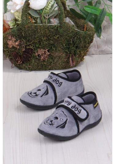 Fort 3426 Gz Köpek Figürlü Anaokulu Kreş Ev Erkek Çocuk Panduf Ayakkabı Gri