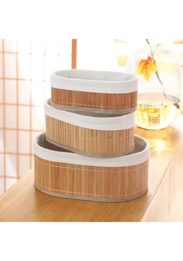 3'lü Bambu Sepet - Naturel Astarlı Çok Amaçlı Saklama Kutusu Bej