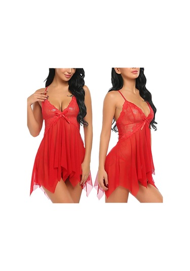 Kırmızı Artı Boyutu Kadınlar İçin Yeni Sling Lingerie Derin V Dantel Babydoll Pijama Boudoir Kıyafetler