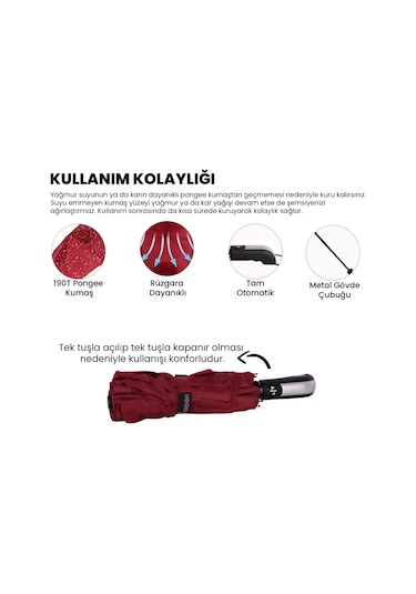 Biggdesign Moods Up Premium Bordo Otomatik Şemsiye, Rüzgara Dayanıklı, Hızlı Kuruyan, Hafif, Kılıflı Çok Renkli