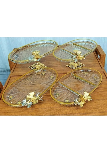 Elta Collection Yeni Seri 4 Parça Paşabahçe Gold Yaldızlı Metal Ayaklı Sunum Seti Kurabiyelik Hediyelik Gold Oval