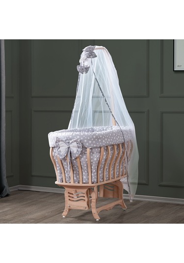 Setaymobilya Doğal Ağaç Beşik, Kristal Yıldızlı Sepet Beşik+Uyku Seti+Cibinlik