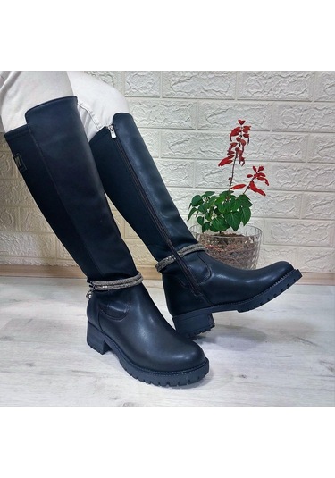 M.p 2753 Siyah Taşlı Ligralı Fermuarlı 45cm Bayan Çizme 001