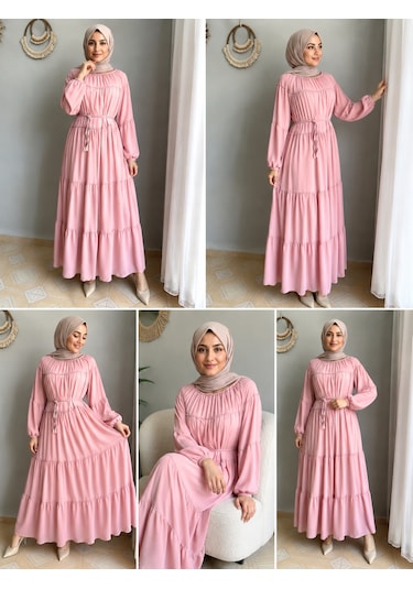 Efulim Womens İpli - Astarlı Salaş Şifon Tesettür Elbise Pembe Efulim Womens İpli - Astarlı Salaş Şifon Tesettür Elbise Pembe