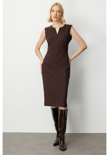 Ekol Kadın Süs Düğme Detaylı Kolsuz Elbise 4015 Kahverengi Kahverengi