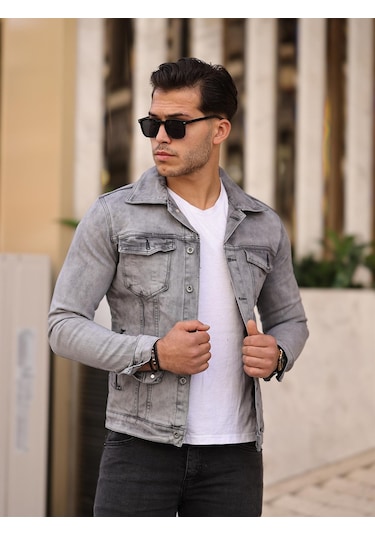 Gri Renk Eskitme Kot Ceket-1502 Gri