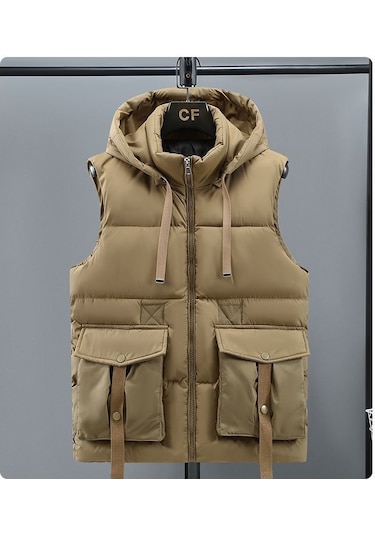 Erkek Pamuklu Yelek Sonbahar Ve Kış Kalın Öğrenci Kapüşonlu Yelek Ceket Şık Yelek Sıcak Yelek Haki