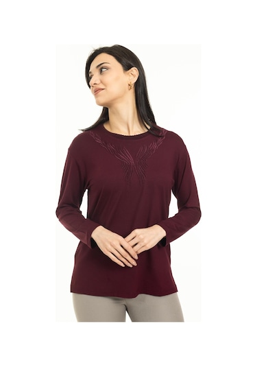 Yeni Sezon Kadın Orta Yaş ve Üzeri Yeni Desen Triko Yaka Likralı Anne Penye Bluz 30520-Bordo