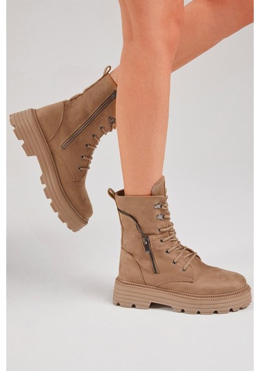 Poli Taban Fermuar Detaylı Rahat Kalıp Bağcıklı Kadın Vizon Süet Bot Tber200 Vizon Süet