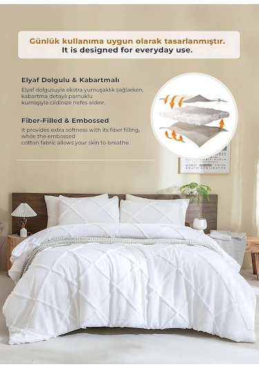 Evlen Home Pamuklu Aimar Yatak Örtüsü Takımı Çift Kişilik Günlük Boho 3 Parça Elyaf Dolgulu Beyaz Beyaz