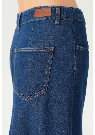 Koyu Mavi Yüksek Bel Patı Fermuarlı Maxi Jean Etek C 4532-057 Koyu Mavi