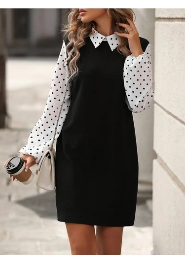Kadın Yakalı Kol Ve Yaka Puantiyeli Uzun Kollu Krep Elbise Siyah