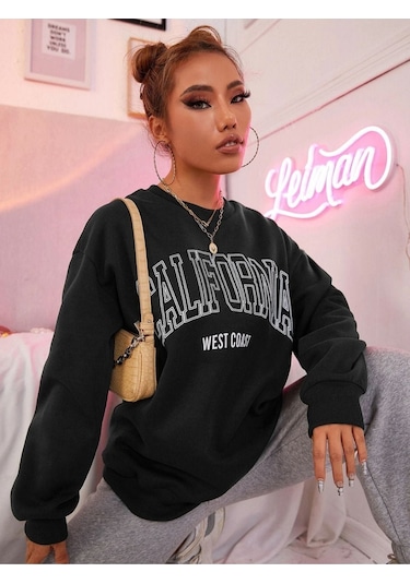 Altamira Unisex Siyah California West Baskılı Bisiklet Yaka Oversize Sweatshirt 001