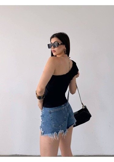 Tek Omuz Fırfır Detaylı Bluz Siyah Siyah