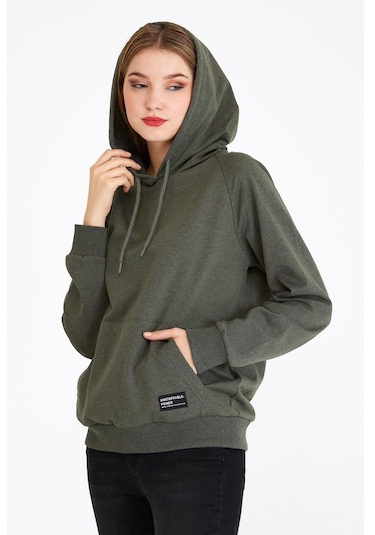 MMetalic Kadın Haki Renk Kapüşonlu Basic Örme Sweatshirt