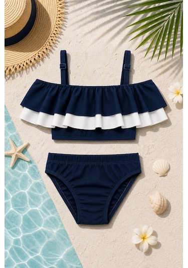 Beniizle Desenli Kız Çocuk Bikini Takımı Lacivert