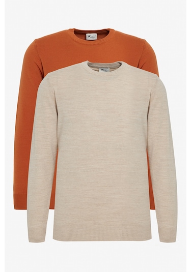 Erkek Bej-kıremıt 2'li Paket Standart Fit Normal Kesim Bisiklet Yaka Triko Kazak Bej-kıremıt