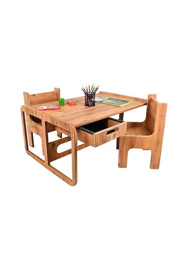 Çocuk Aktivite Oyun Masası - Çalışma Ve Hamur Masası - 2 Sandalye ceviz