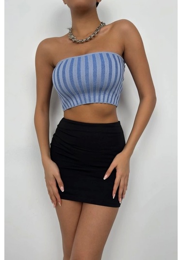Defymoda Straplez Fitilli Crop A.mavi-k.mavi