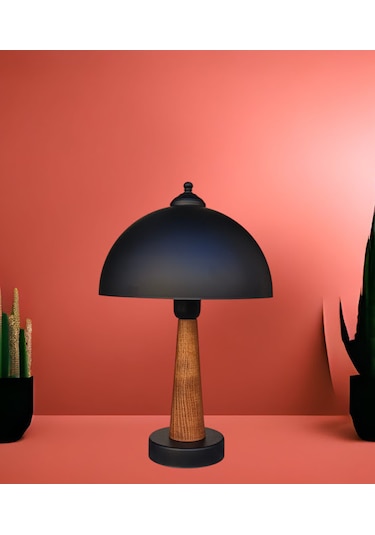 Legna Abajur Siyah Metal Sıvama Siyah Şapkalı Ahşap Gövdeli