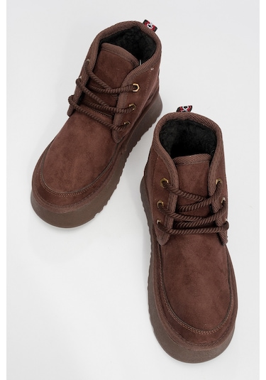 Ovela Kahve Süet Kalın Taban Bağcıklı Kadın Spor Bot Kahve Süet