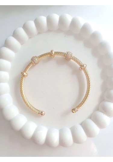 Çelik Gold Taşlı Kadın Kelepçe Bileklik Sevgiliye Hediye Altın