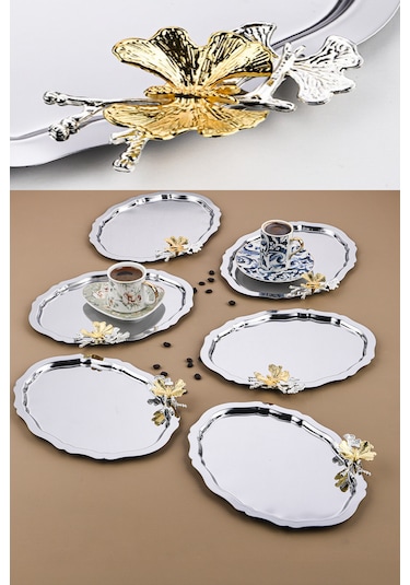 6 Adet Oval Kelebek Aksesuarlı Kahve-çay Servis Ve Sunum Tepsisi