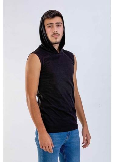 Siyah Kolsuz Kapşonlu Tshırt-Siyah