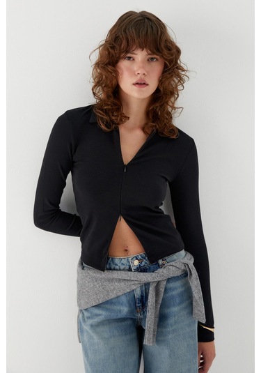 Polo Yaka Önden Gizli Fermuarlı Bluz Siyah Siyah