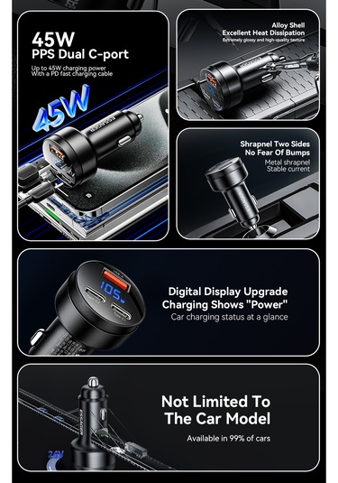 105w Araç Şarjı Type-c+usb Üç Giriş Hızlı Pd Ce Lisanslı Dijital
