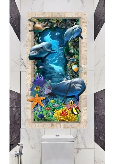 Sprintfox Banyo İçin Duvara Yapıştırılan 3d Seramik Stickerleri - Yunus Balıkları 155880373 Mavi