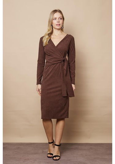 Kadın Kadife Kumaş Kruvaze Anvelop Bağcıklı Uzun Kol Diz Altı Elbise-kahve Kahve