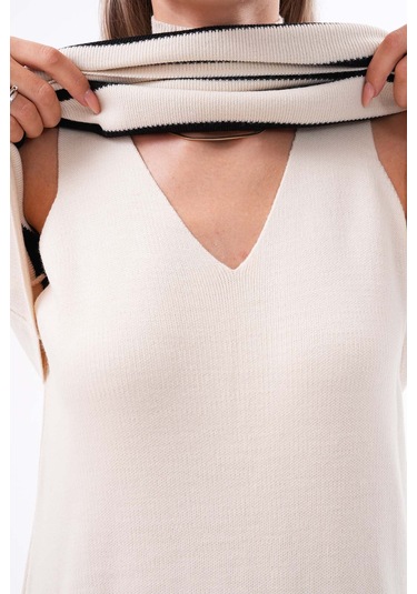 Kadın Triko Askılı Elbise Kazak İkili Takım Krem