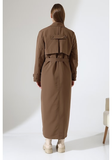 Amazon Keten Kumaş Uzun Boy Düğmeli Astarlı Yumuşak Dokulu Trenç Kot Sütlü Kahve Sütlü Kahverengi