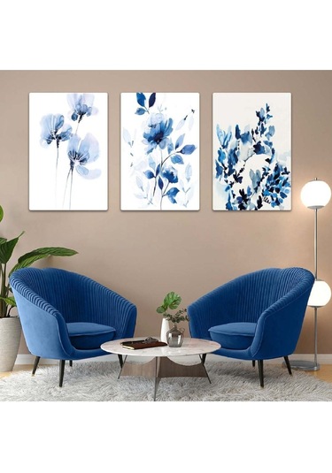 Mavi Çiçekler 3'lü Mdf Tablo Set