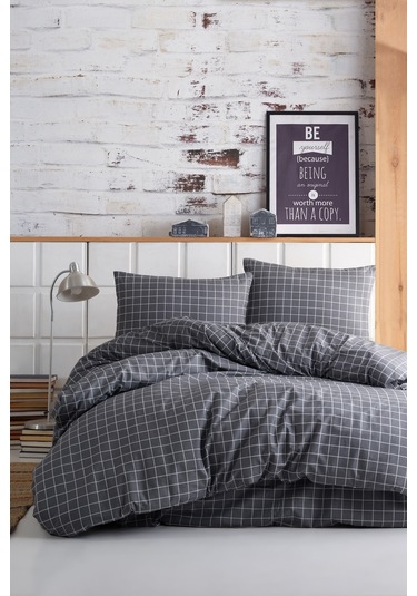 Kolay Ütülenir Nevresim Takımı Tek Kişilik Mini Kare Antrasit