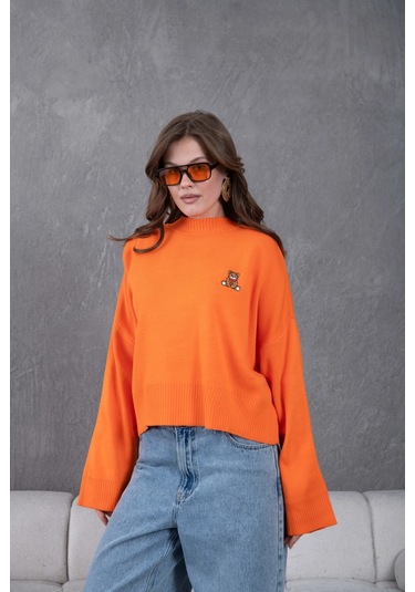 Kadın Dik Yaka Oversize Nakışlı Triko Kazak Turuncu
