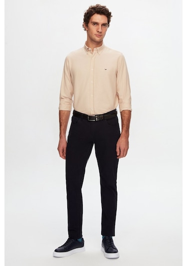 Ds Damat Slim Fit Ekru Oxford Düğmeli Yaka Kolay Ütülenebilir Nakış Detaylı Pamuklu Gömlek 4HC02ORT03265 Ekru