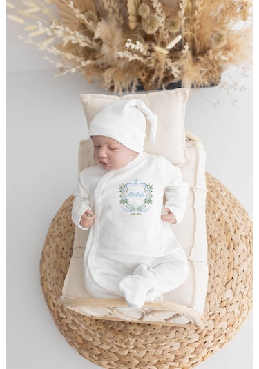 Lilabio %100 Organik Isme Özel Isimli 10lu Hastane Çıkışı Mavili Çiçek Ekru