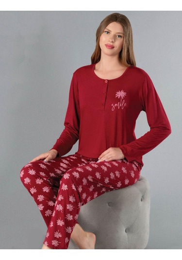 Uzun Kol Mevsimlik Pijama Takımı Viskon Alperi 790-55 Bordo