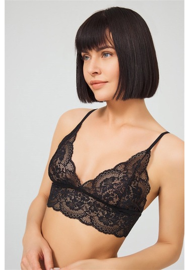 Siyah Dantelli Transparan Balensiz Kadın Sütyen Takımı Siyah