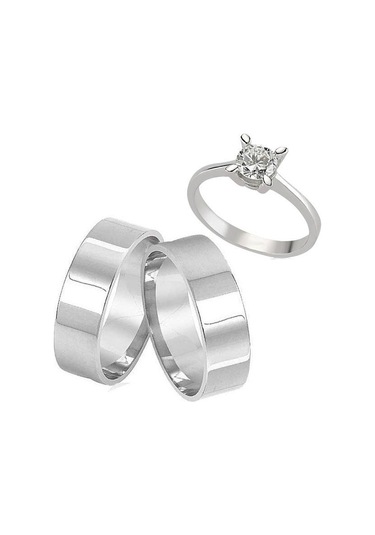 6 Mm Düz Sade Gümüş Çift Alyans Yüzük Tektaş Hediye Al38