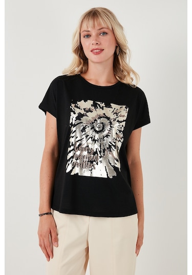 Lela Baskılı Bisiklet Yaka Regular Fit Bayan T Shirt 6671001 Siyah