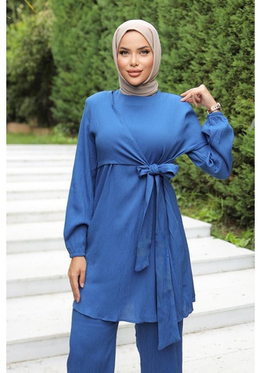 Yandan Bağlamalı Tesettür İndigo Takım I Ndigo