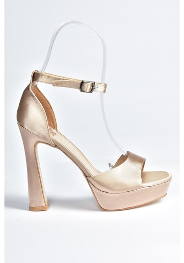 Fox Shoes Vizon Saten Kumaş Platform Kalın Topuklu Kadın Ayakkabı