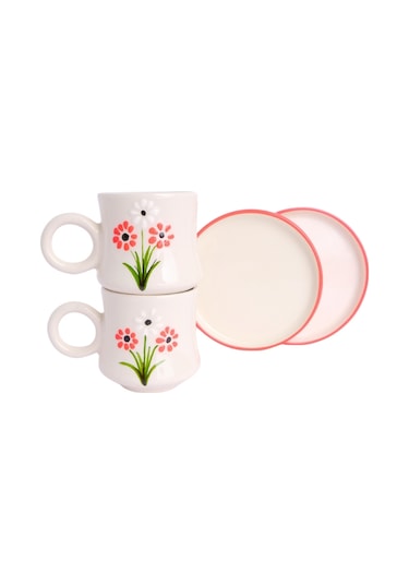 6 Lı Takım Kırmızı Papatya Desenli, El Yapımı Kazan Seramik Kahve Fincanı, Kahve Fincanı, Hand Made Beyaz